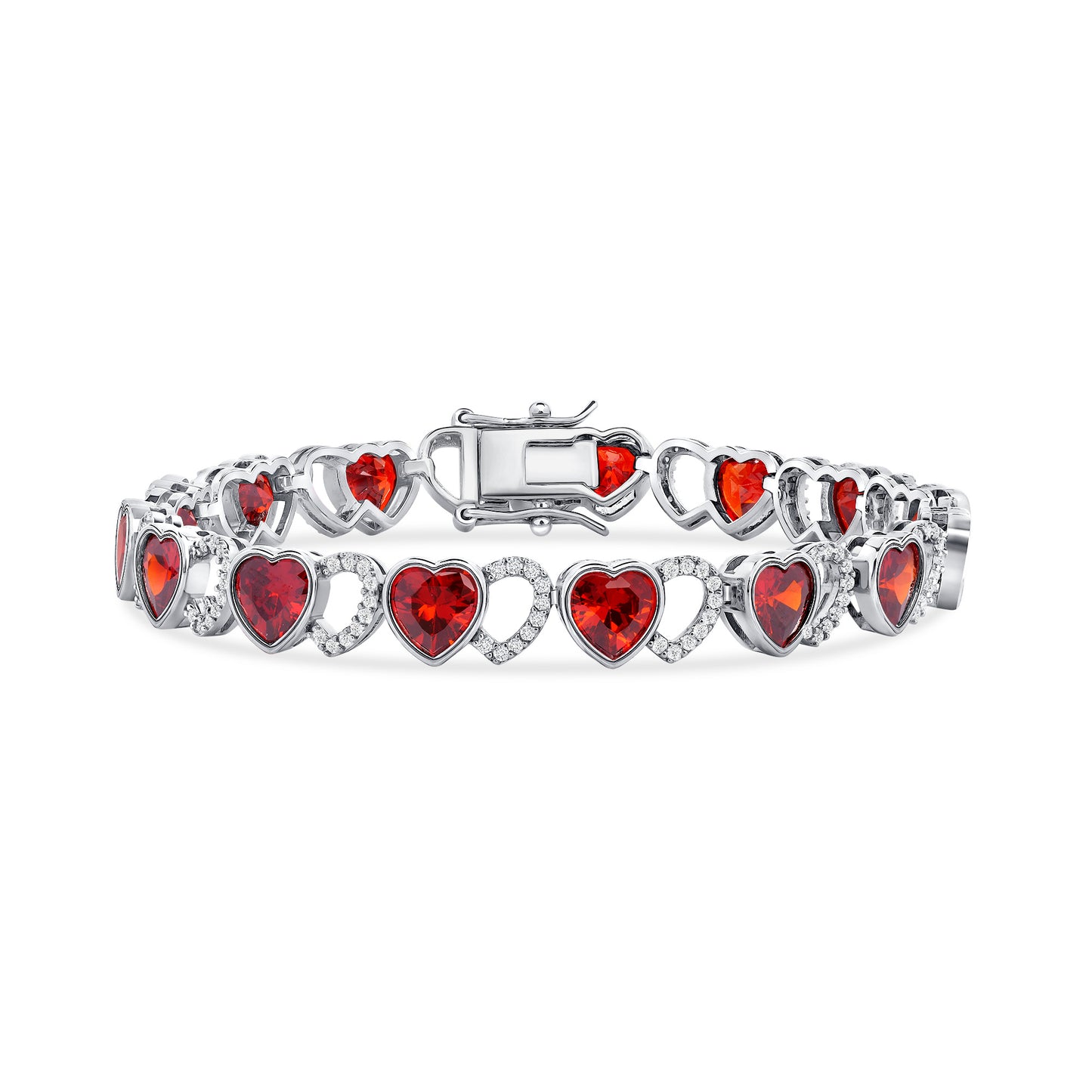 Silver 925 Rhodium Plated Heart Shape Red Cubic Zirconia Bracelet. BB5111RED