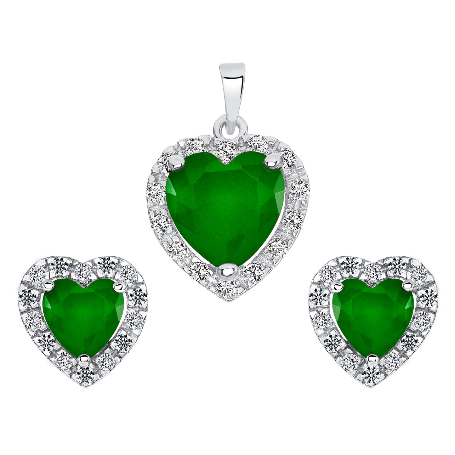 Silver 925 Rhodium Plated Heart Green Emerald Matte Glass Set. SETBP12901GRN
