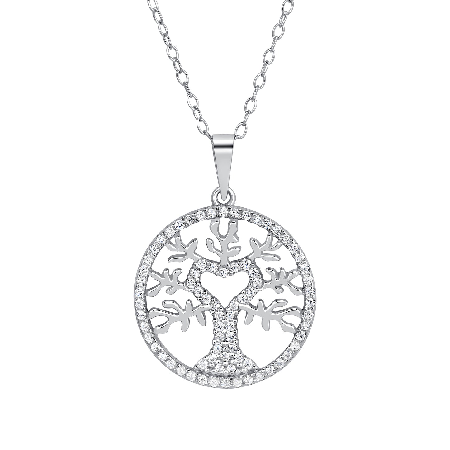 Silver 925 Rhodium Plated Clear Cubic Zirconia Tree of Life Necklace. BP15325