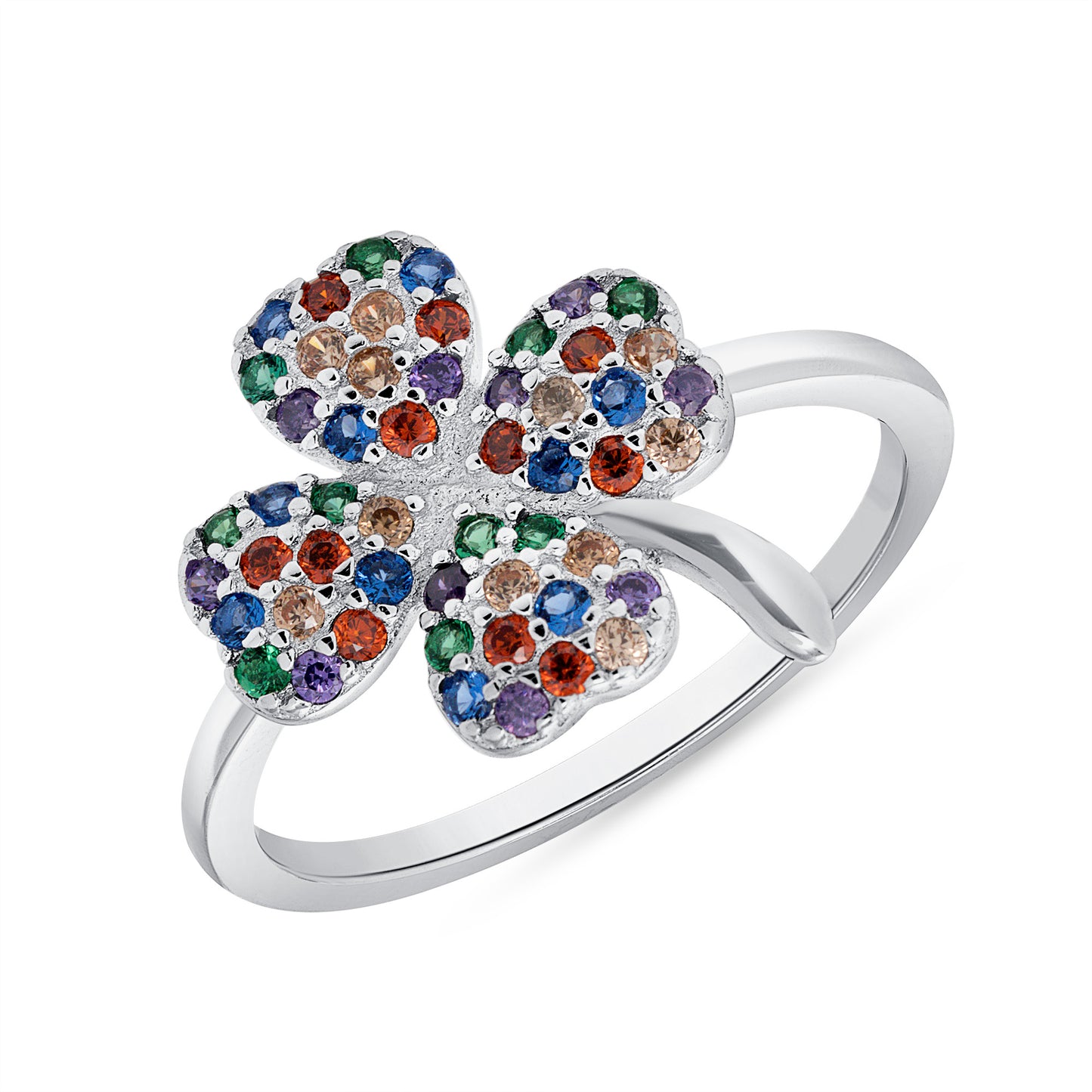 Silver 925 Rhodium Plated Multicolor Cubic Zirconia Clover Ring. BR14681