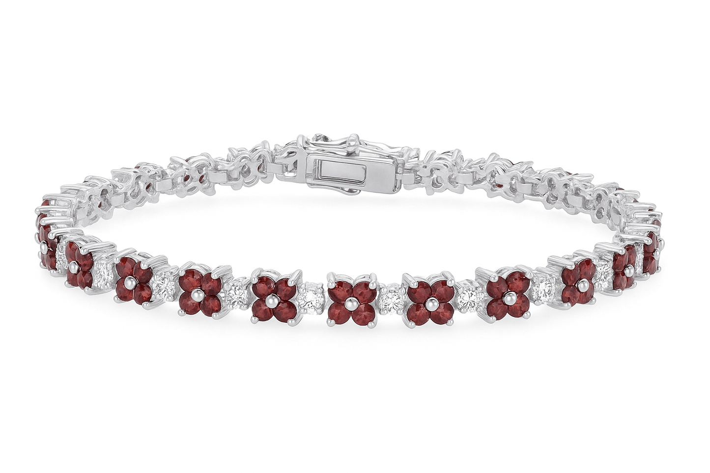 BB2664R. Silver 925 Rhodium Plated Red Garnet Cubic Zirconia Flower Bracelet