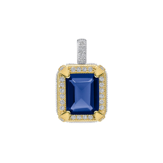 Silver 925 2 Tone Rhodium & Gold Plated Blue Sapphire Rectangle Cubic Zirconia Set. SETDGP1089BLU