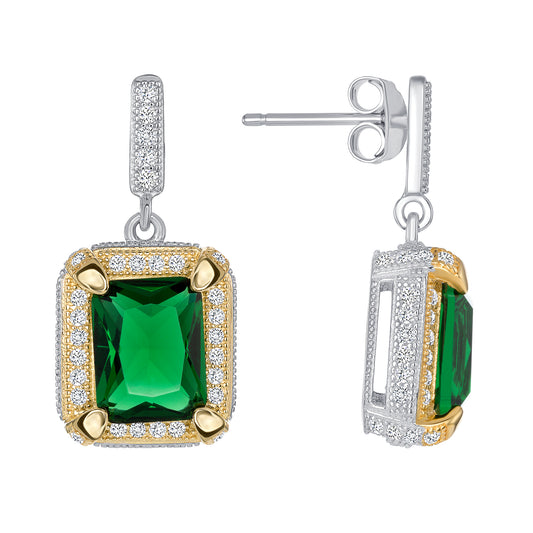Silver 925 2 Tone Rhodium & Gold Plated Green Emerald Rectangle Cubic Zirconia Set. SETDGP1089GRN