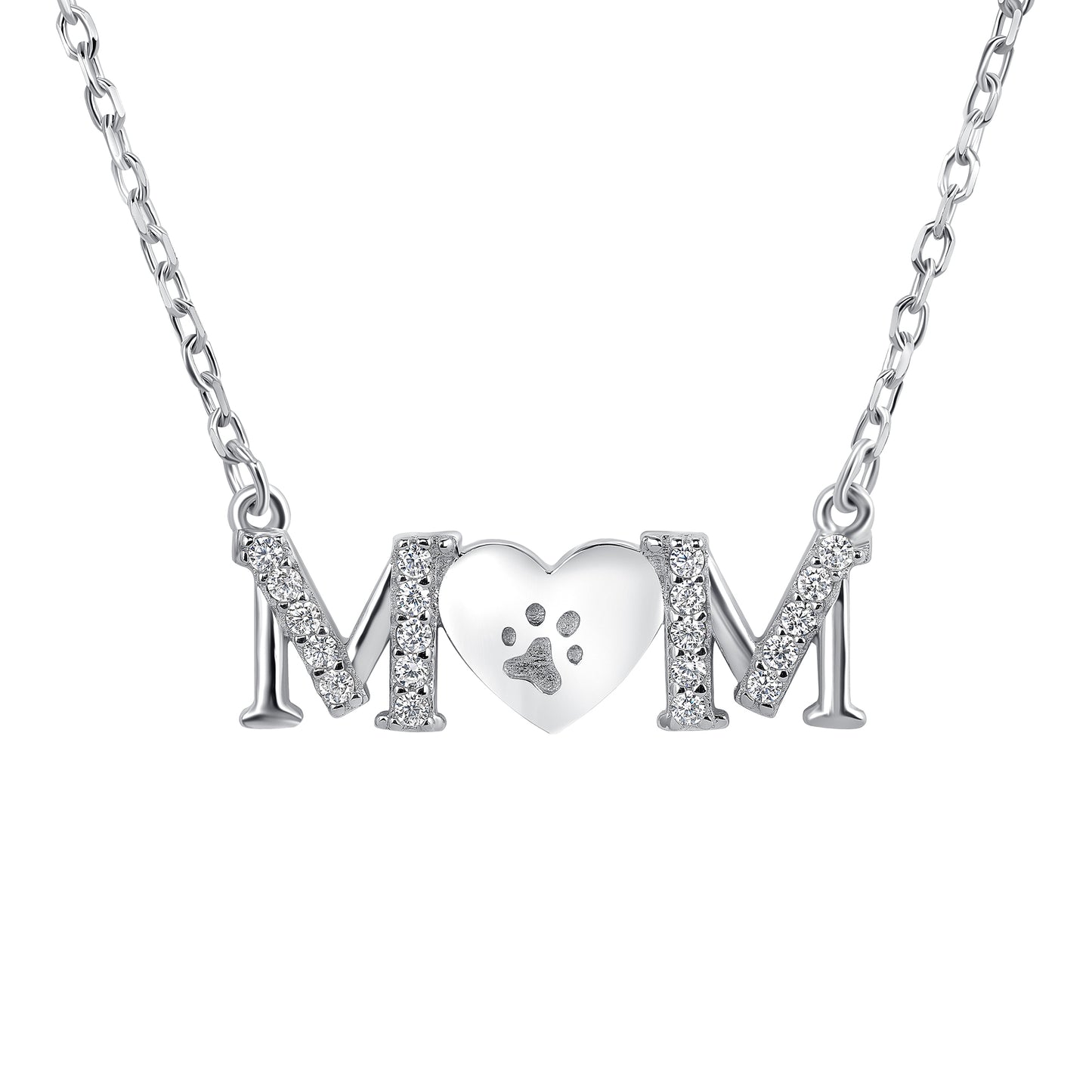 Silver 925 Rhodium Plated Clear Cubic Zirconia Mom with Paw Heart Necklace. DGN1388RHD