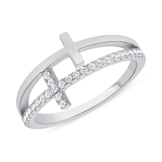 Silver 925 2 Cross Cubic Zirconia Ring. DGR2231