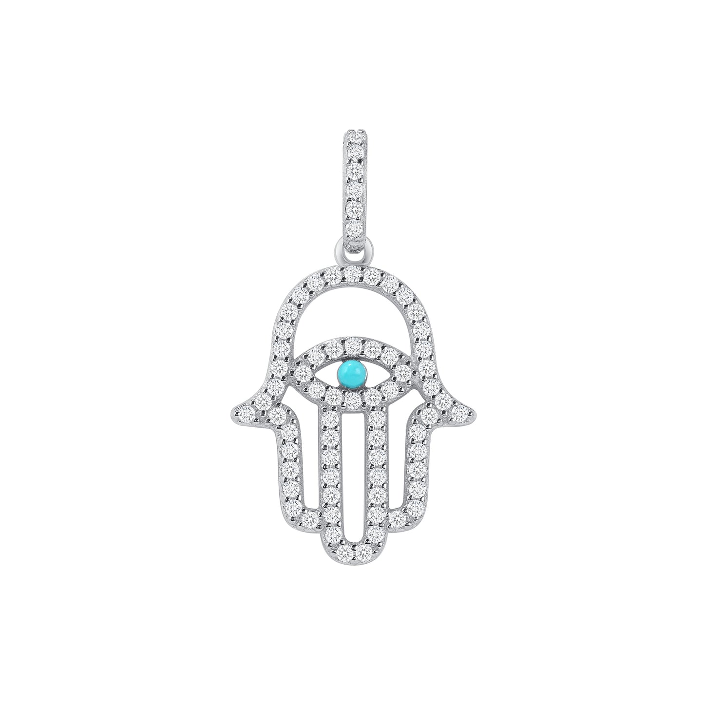 Silver 925 Rhodium Plated Cubic Zirconia Blue Turquoise Opal Hamsa Pendant. DKP0378