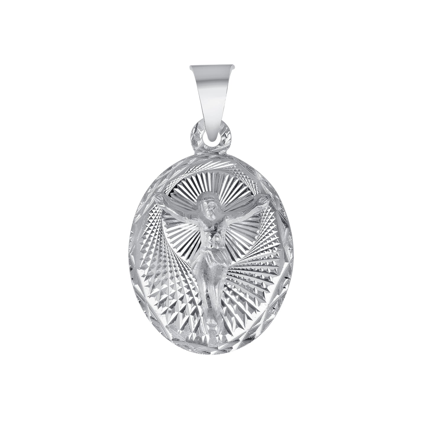 Silver 925 Virgin Mary (Virgen de Guadalupe) and Jesus Christ Diamond Cut Medium Oval Shape Pendant. MEDA105-M