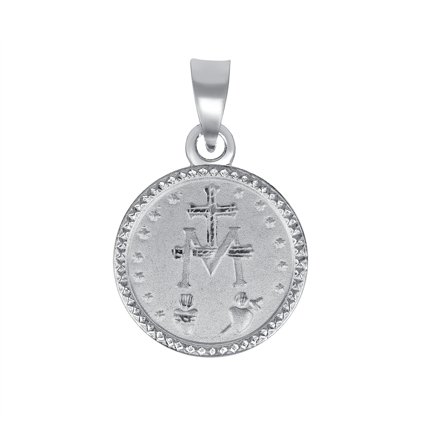 Silver 925 Virgin Medium Miraculous Two Sided Diamond Cut Border Pendant. MEDA65-M