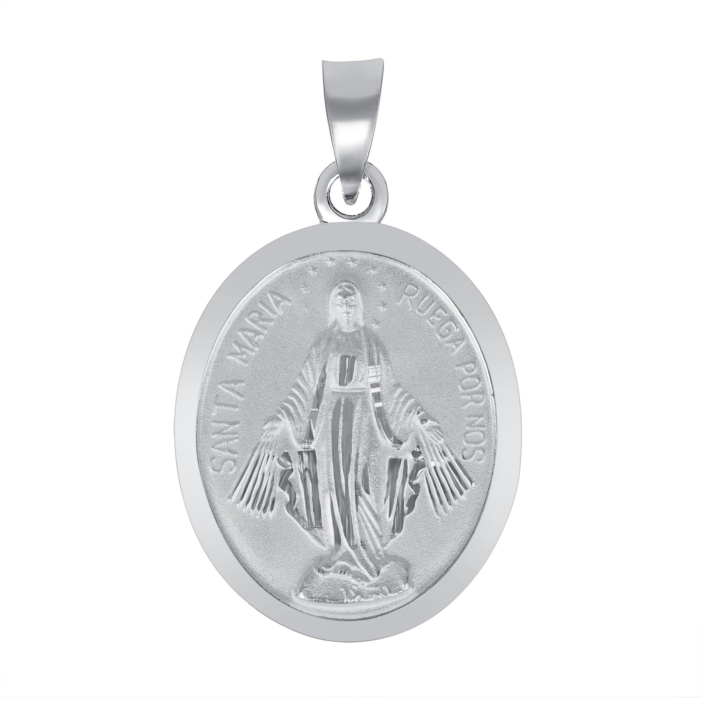 Silver 925 Virgin Mary Miraculous (Virgen Milagrosa) Large Two-Sided Oval Pendant. MEDA66-L
