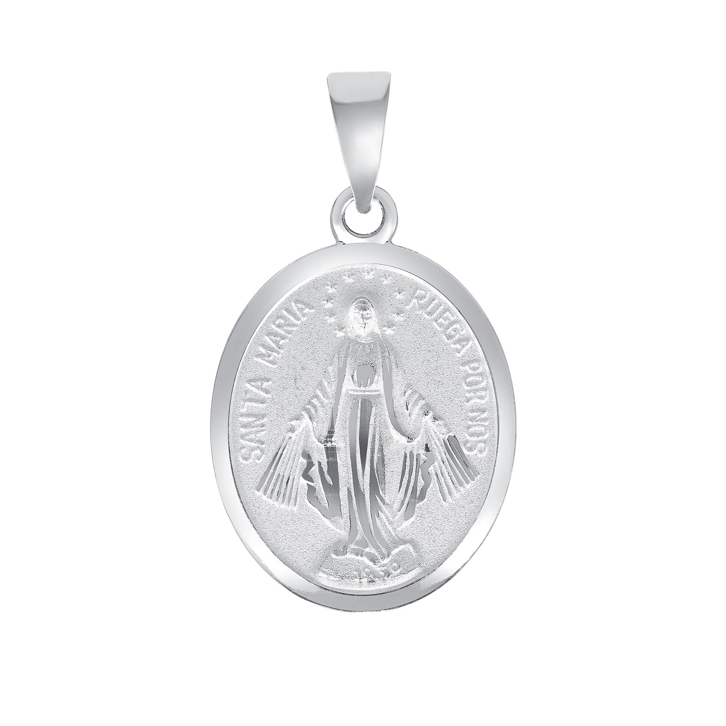 Silver 925 Virgin Mary Miraculous (Virgen Milagrosa) Medium Two-Sided Oval Pendant. MEDA66-M