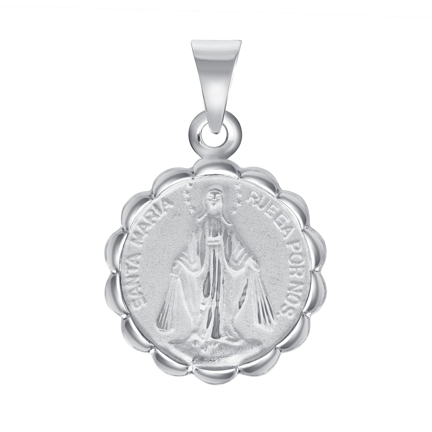 Silver 925 Virgin Miraculous Two-Sided Round Puff Pendant. MEDA69