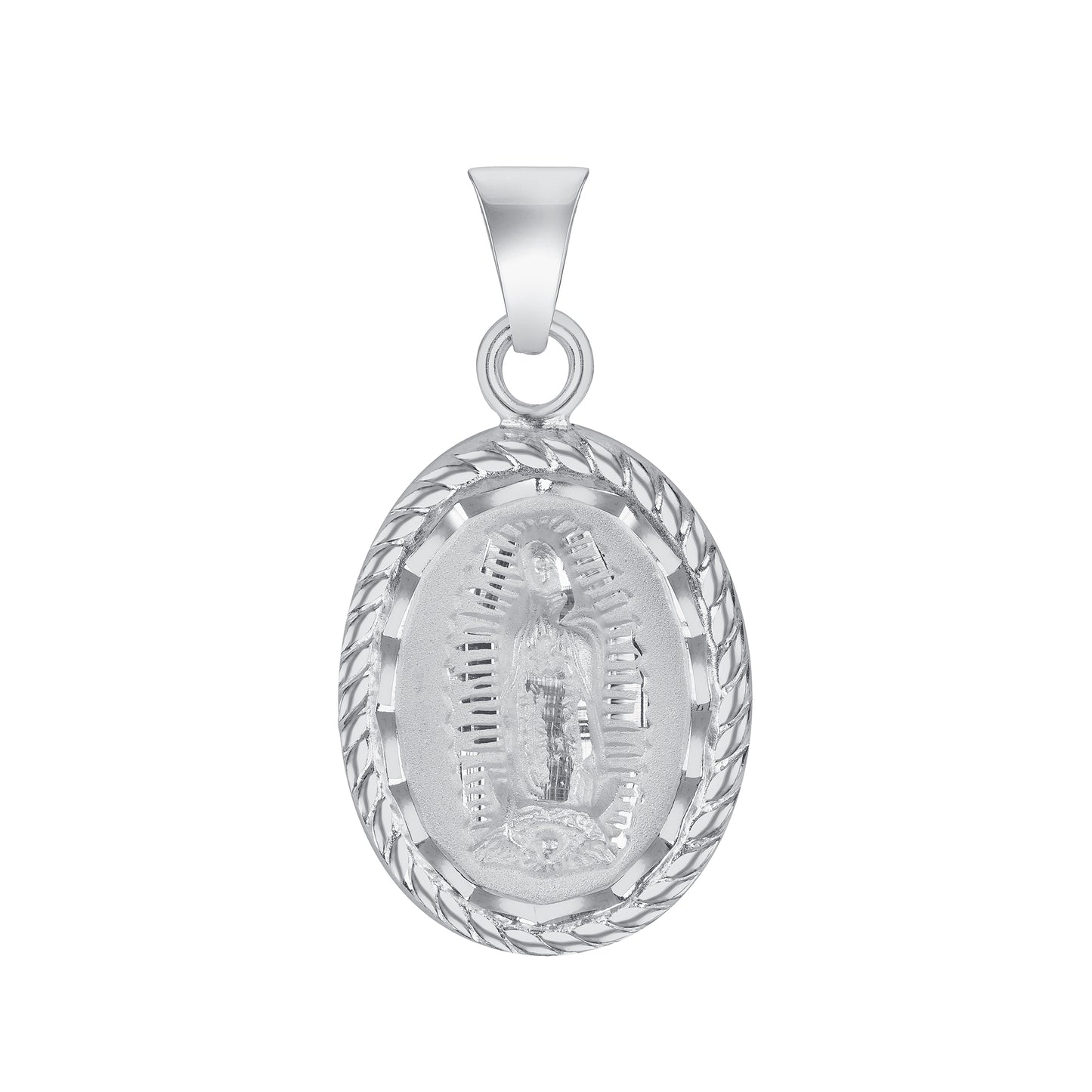 Silver 925 Sacred Heart of Jesus / Virgin Mary Two-Sided Oval Rope Pendant. MEDA75