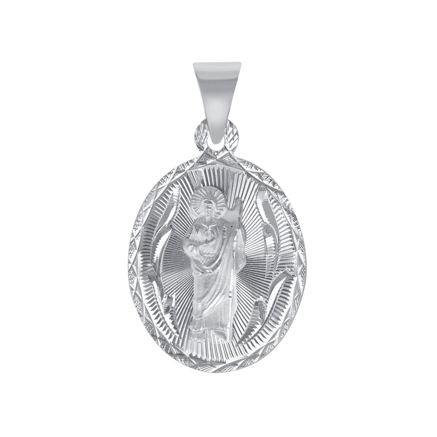 Silver 925 San Judas (Saint Jude) Medium Two-Sided Diamond Cut Oval Pendant. MEDA79-M