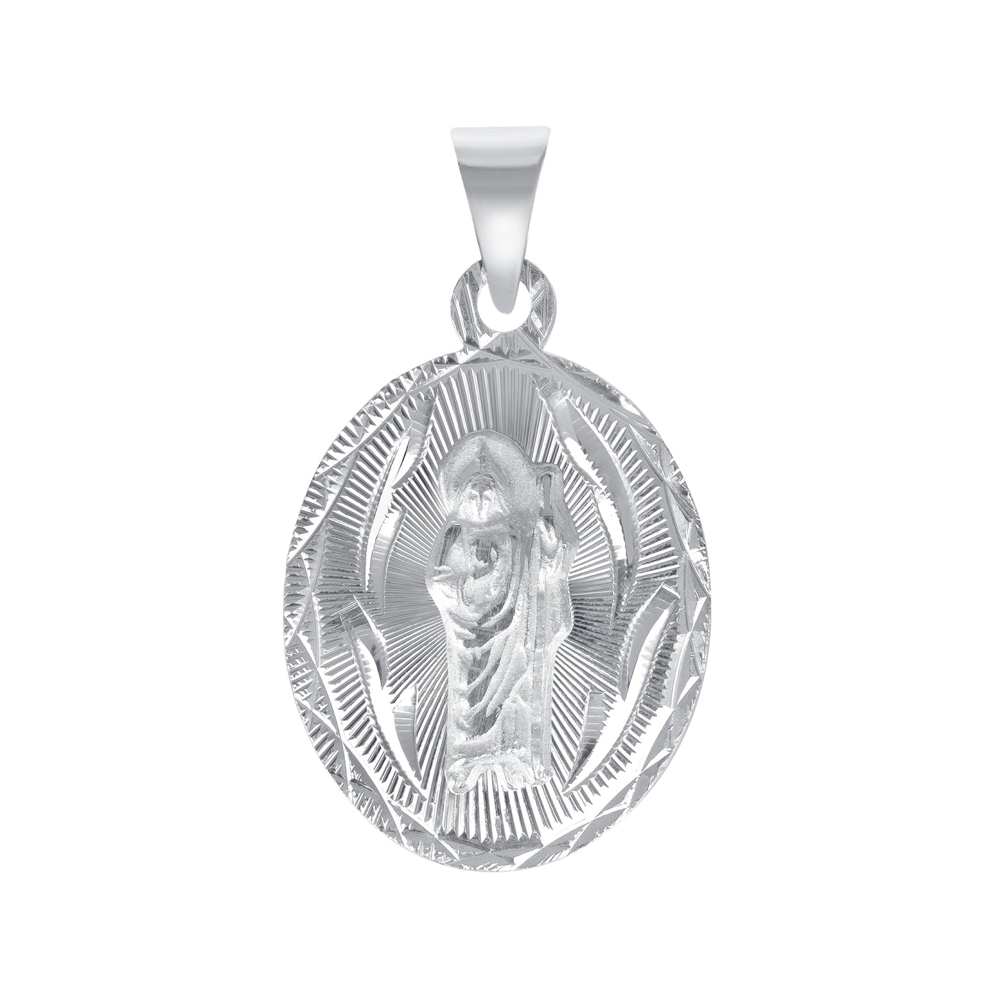 Silver 925 San Judas (Saint Jude) Two-Sided Diamond Cut Oval Pendant. MEDA79-S