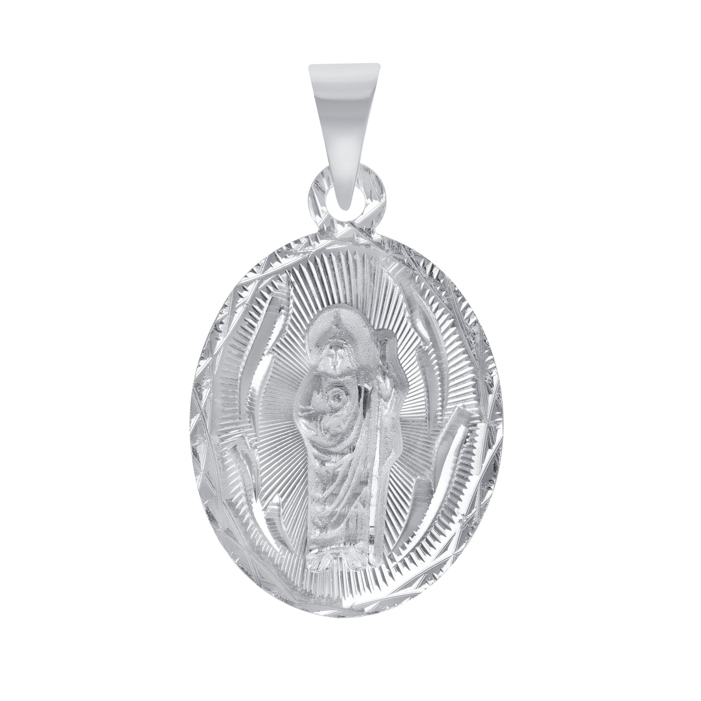Silver 925 San Judas (Saint Jude) Two-Sided Diamond Cut Oval Pendant. MEDA79-S