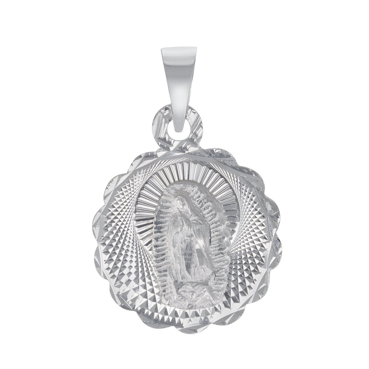 Silver 925 Virgin Mary (Virgen de Guadalupe) Diamond Cut Round Shape Pendant. MEDA84