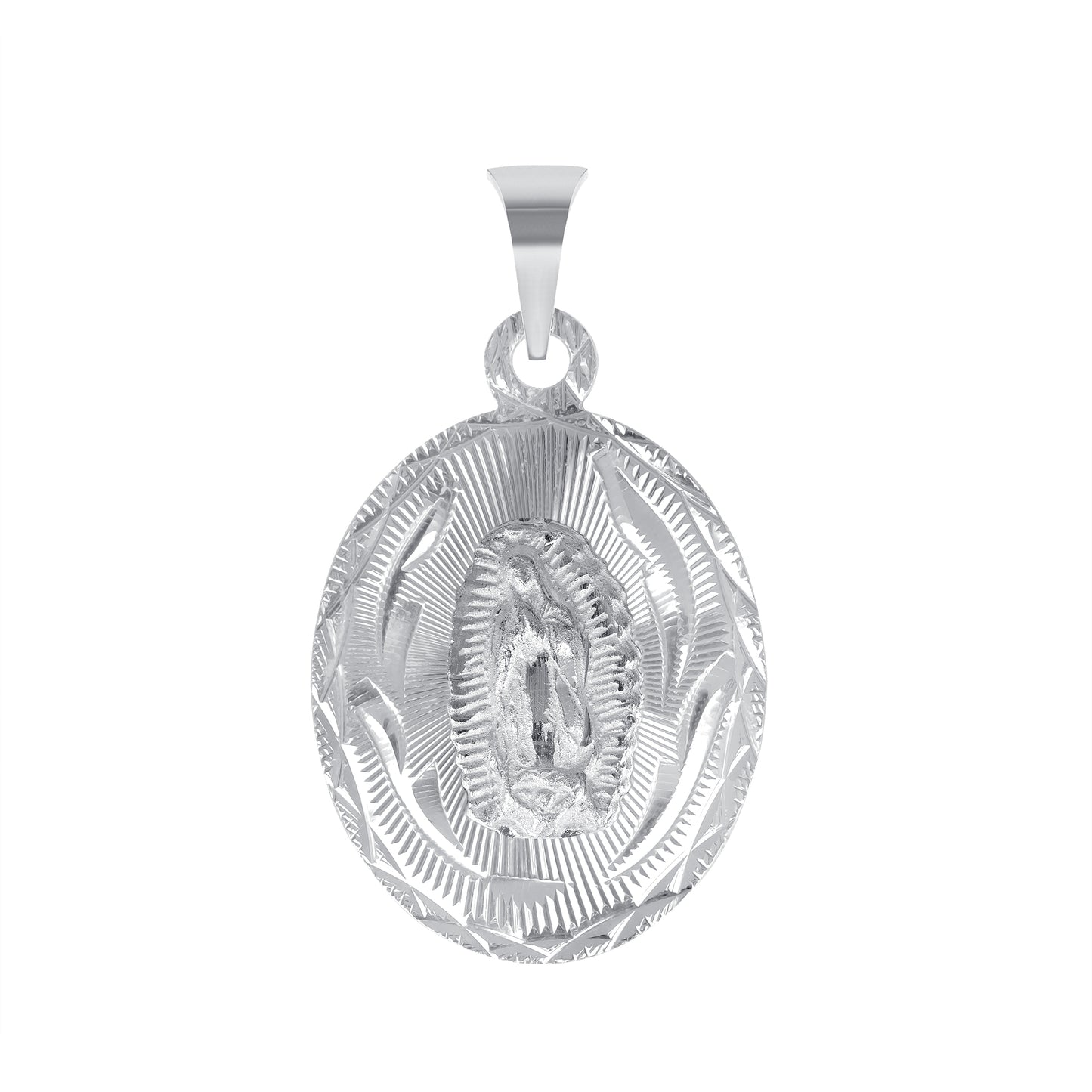 Silver 925 Virgin Mary (Virgen de Guadalupe)Small Diamond Cut Oval Shape Pendant. MEDA88-S