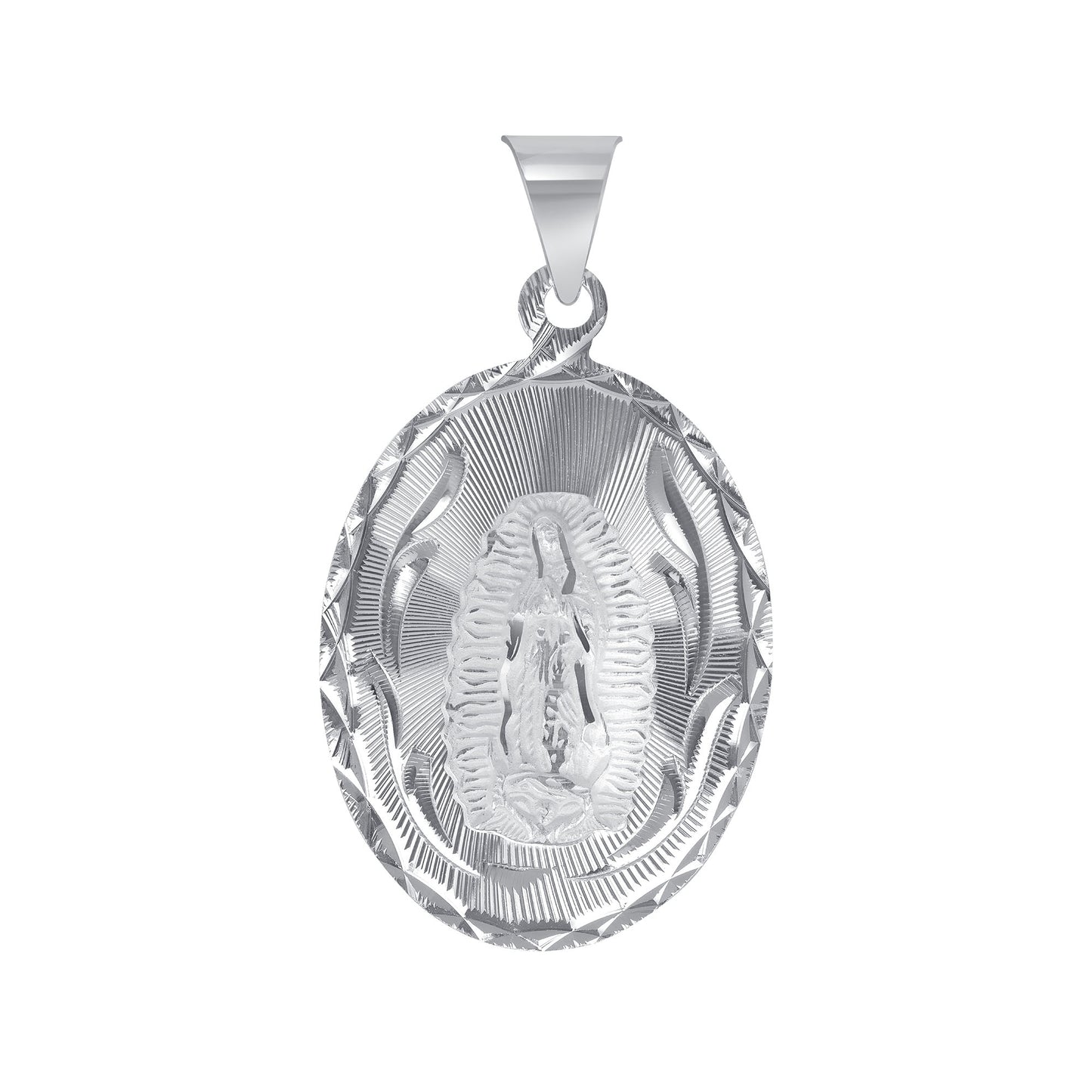 Silver 925 Virgin Mary (Virgen de Guadalupe) Extra Large Diamond Cut Oval Shape Pendant. MEDA88-XL