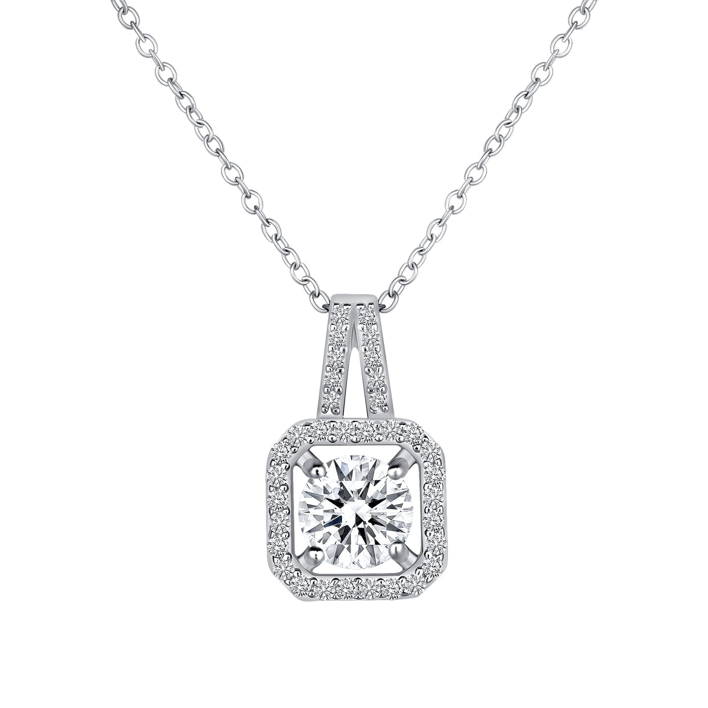 Silver 925 Round 1 Carat Moissanite Square 16" Necklace. MHN00004-1CT