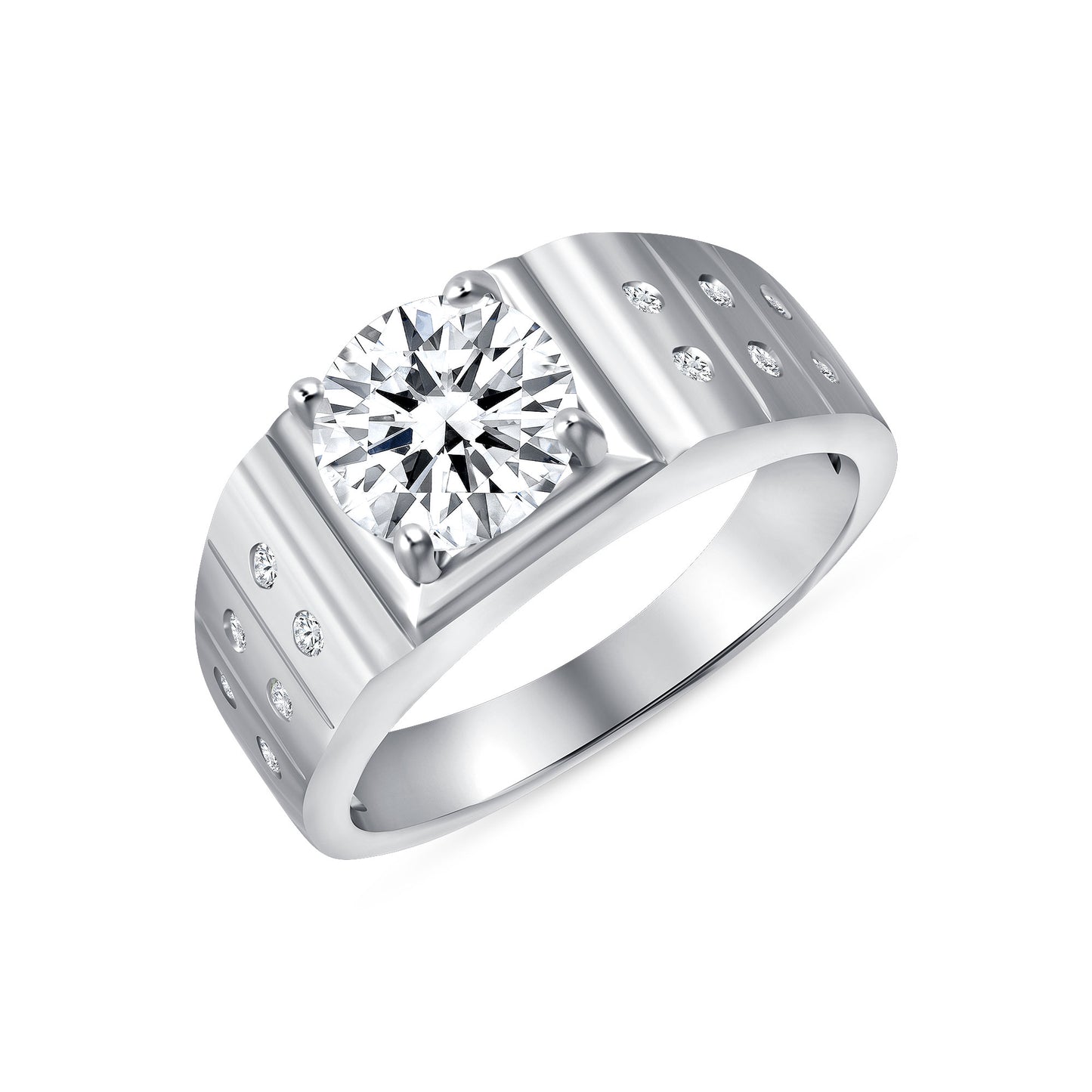 Silver 925 Rhodium Plated 2 Carat Moissanite Solitaire Men's Ring. MHR00035-2CT