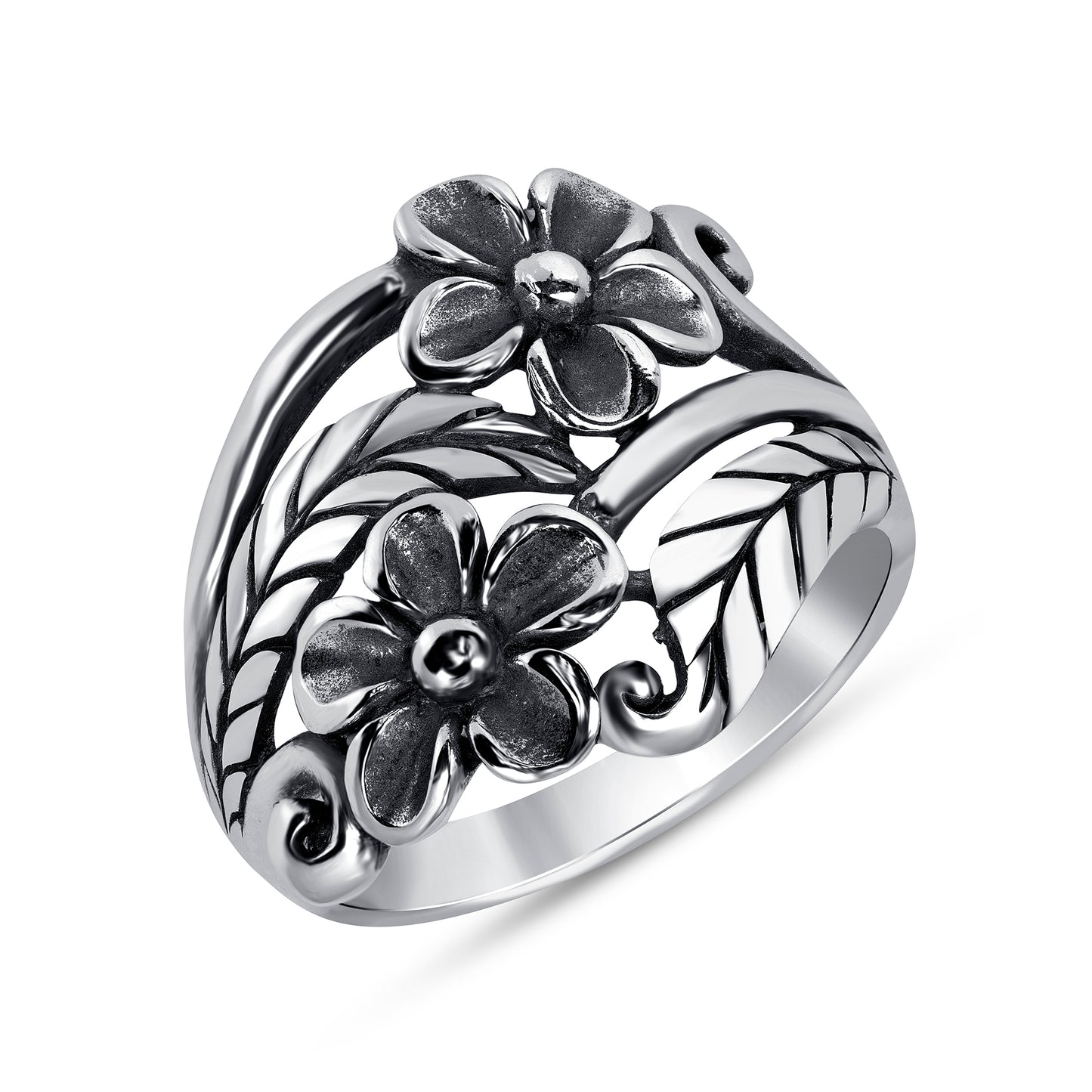 Silver 925 Rhodium Plated Oxidized Flowers Ring. OBY005