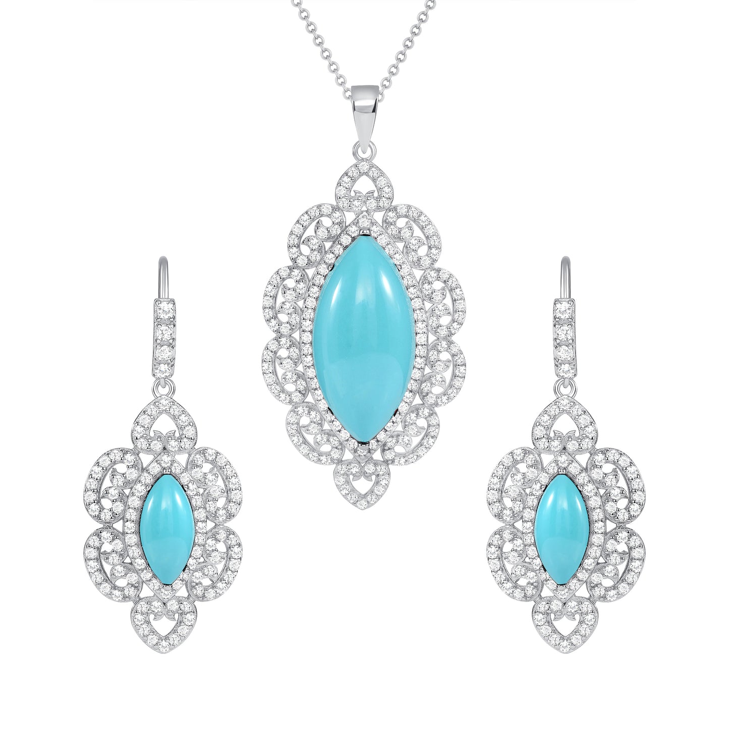Silver 925 Rhodium Plated Oval Turquoise Cubic Zirconia Set. SETBP13170TQ