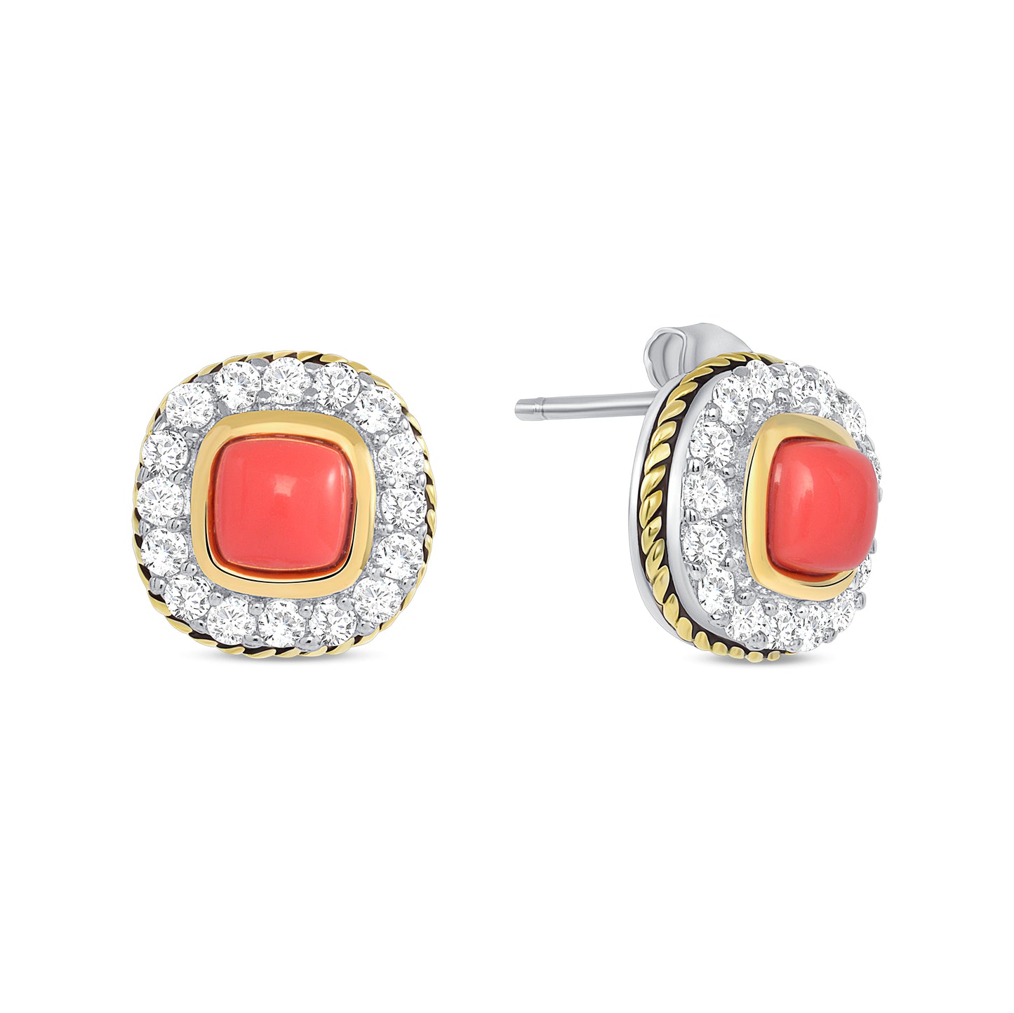 Silver 925 Two Tone Plated Square Coral Cubic Zirconia Set. SETBP13305COL