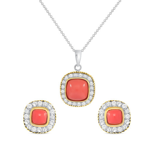 Silver 925 Two Tone Plated Square Coral Cubic Zirconia Set. SETBP13305COL