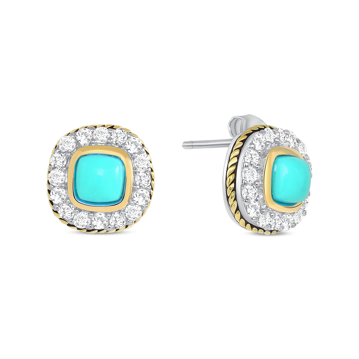 Silver 925 Two Tone Plated Square Turquoise Cubic Zirconia Set. SETBP13305TQ