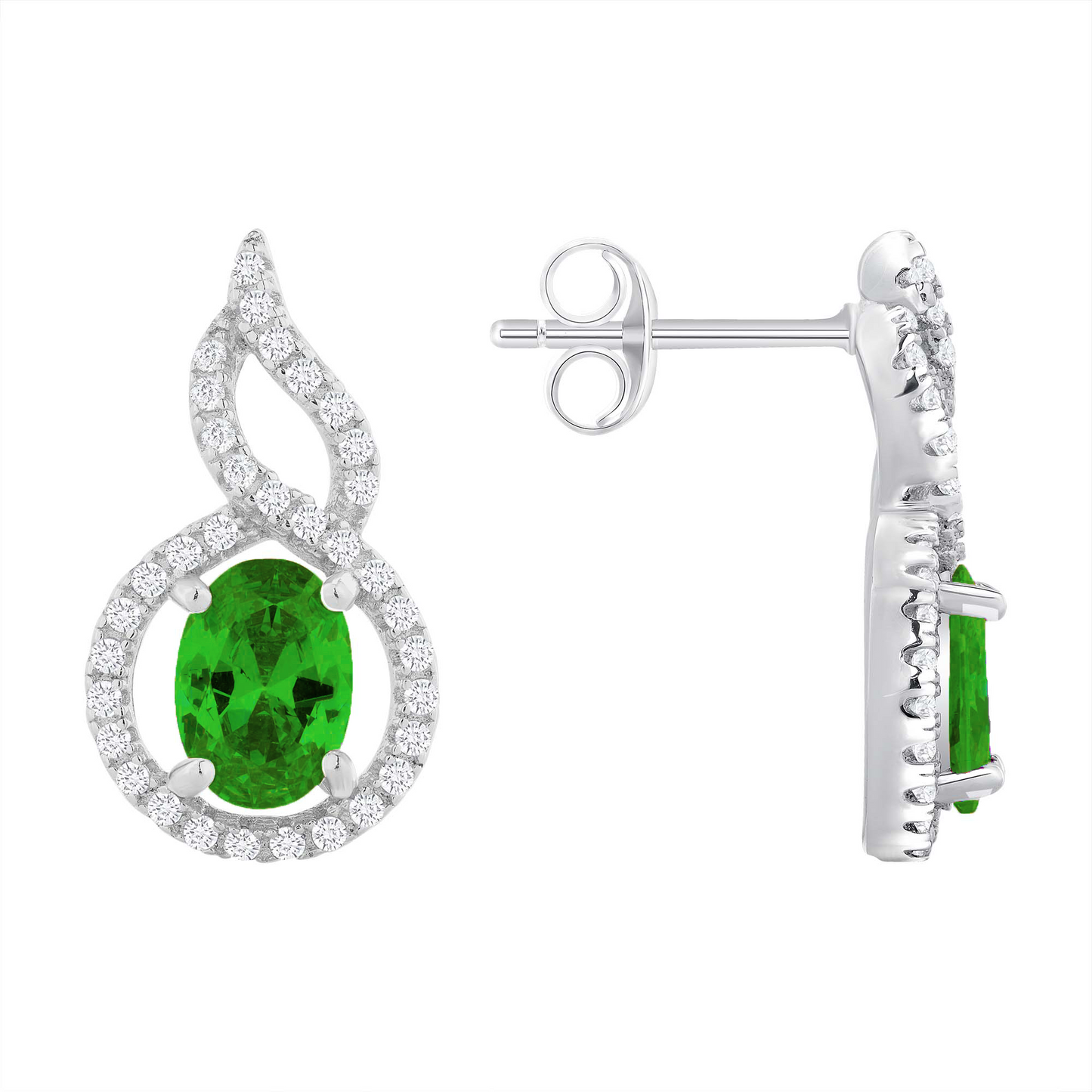 Silver 925 Rhodium Plated Green Emerald Cubic Zirconia Twist Halo Set. SETBP14431GRN