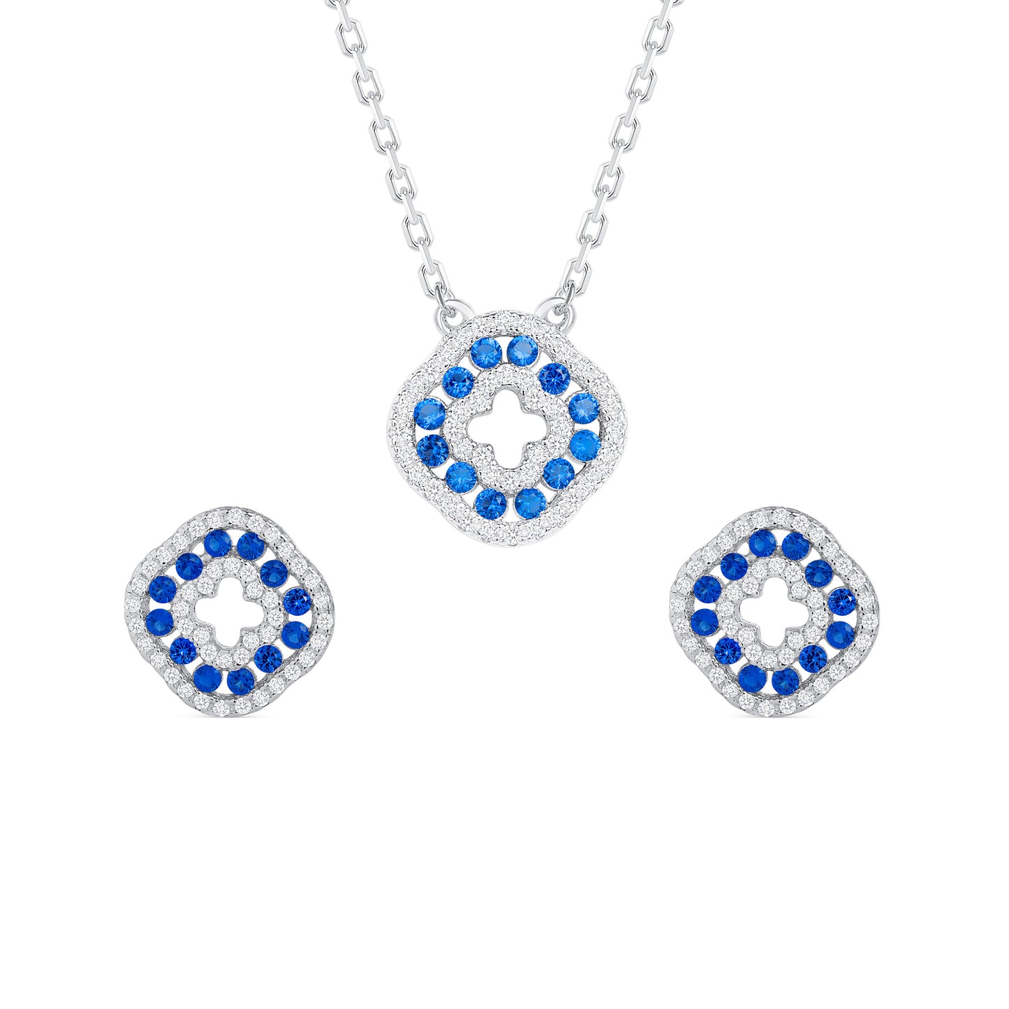 Silver 925 Rhodium Plated Round Sapphire Blue Cubic Zirconia Set. SETDGN1298BLU