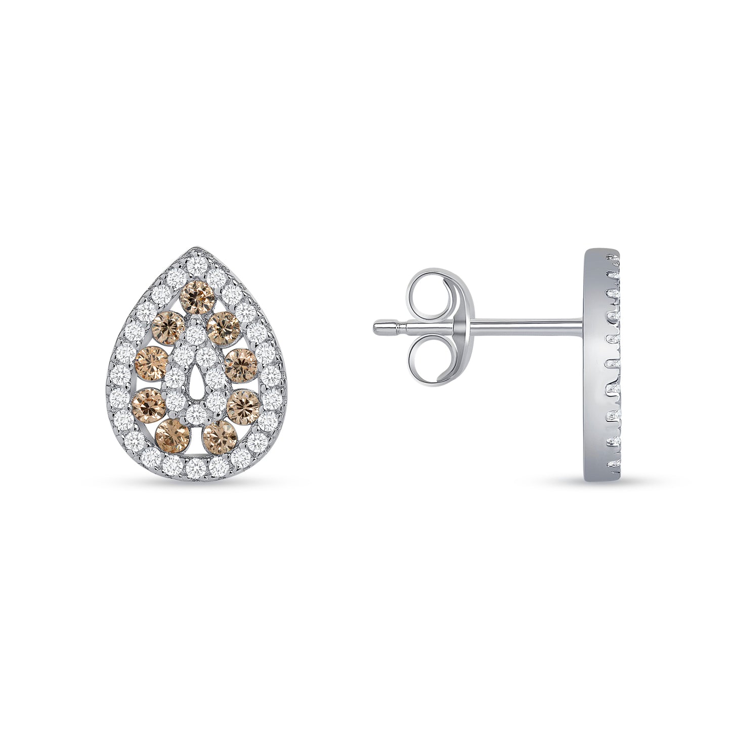 Silver 925 Rhodium Plated Tear Shape Champagne Brown Cubic Zirconia Set. SETDGN1299CHP
