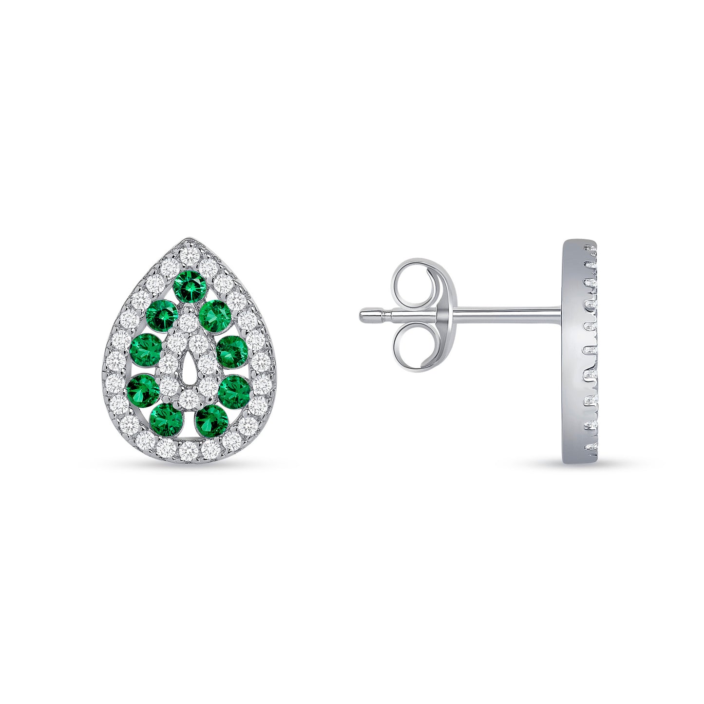 Silver 925 Rhodium Plated Tear Shape Emerald Green Cubic Zirconia Set. SETDGN1299GRN