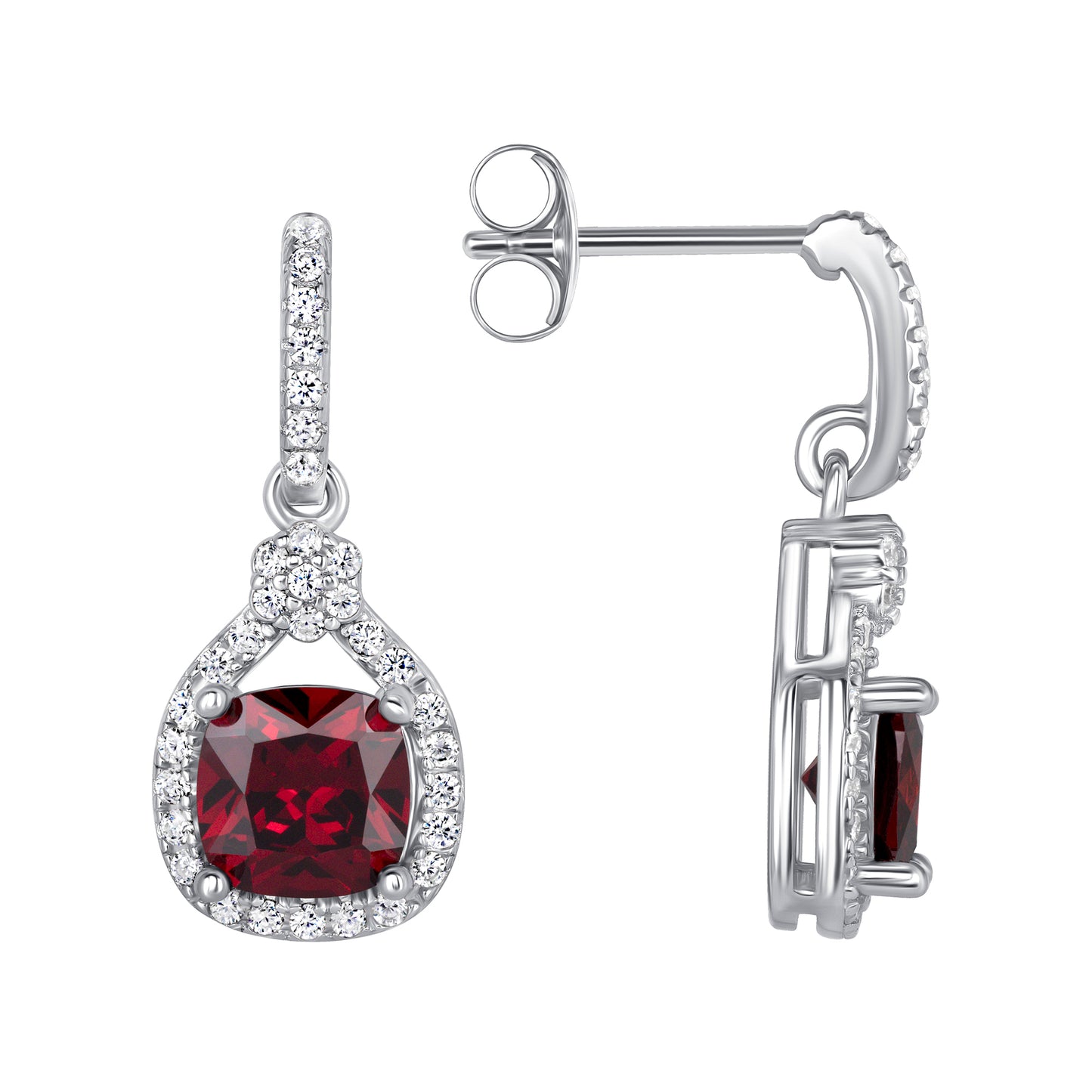 Silver 925 Rhodium Plated Red Garnet Cubic Zirconia Square Shape Set. SETDGP1857RED