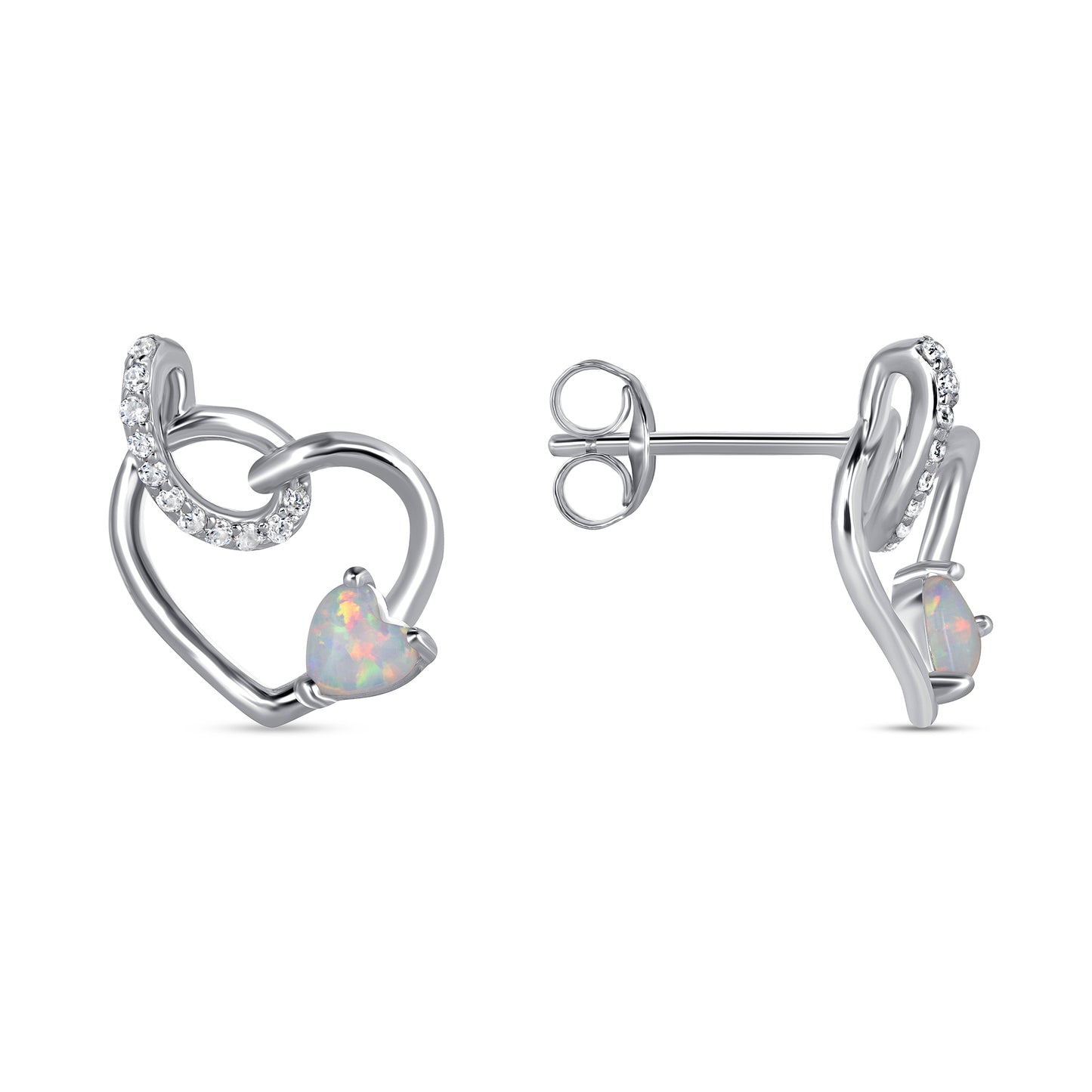 Silver 925 Rhodium Plated White Opal Cubic Zirconia Two Hearts Shape Set. SETDGP1885