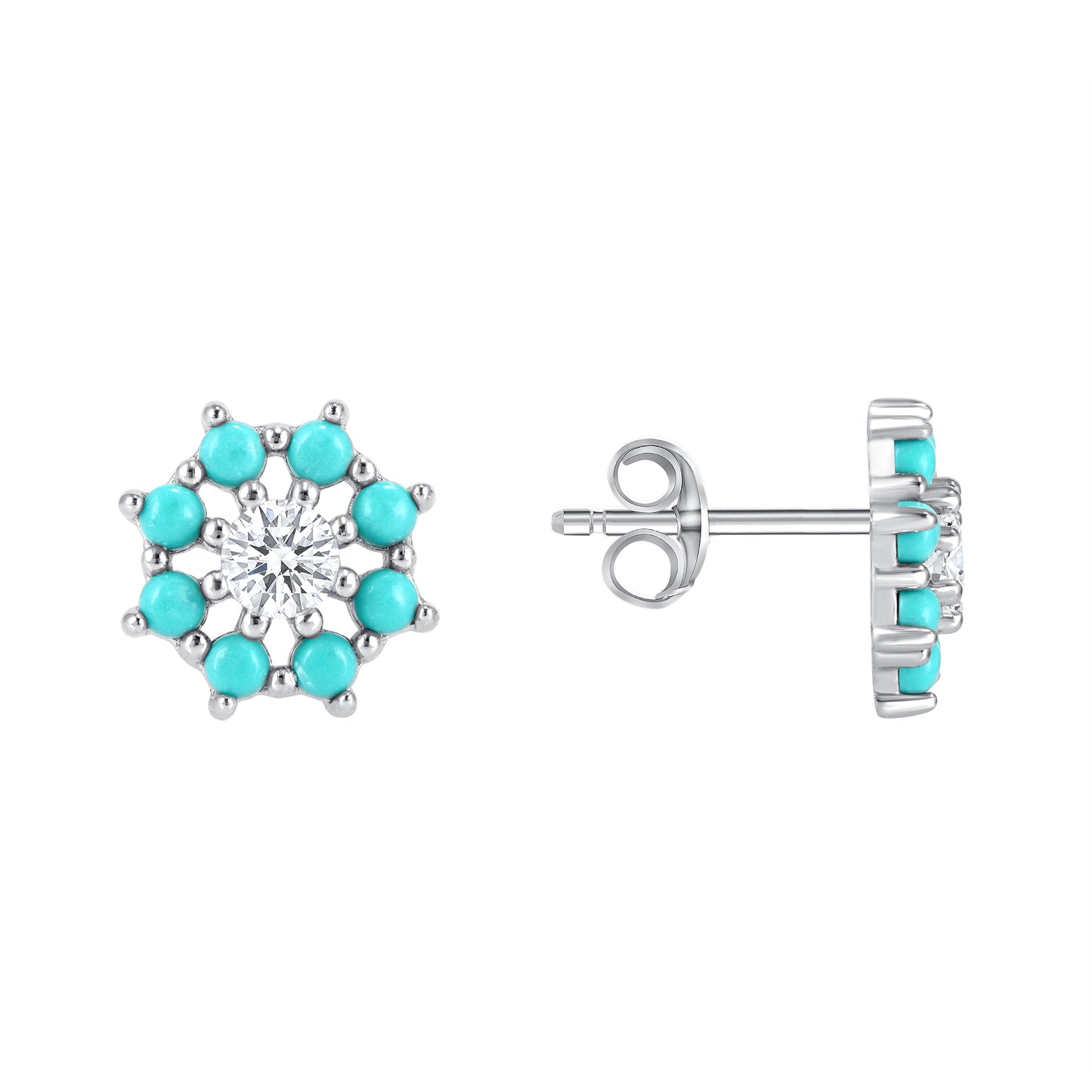 Silver 925 Rhodium Plated Blue Opal Cubic Zirconia Flower Set. SETDGN1348