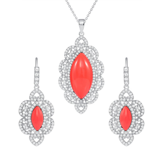 Silver 925 Rhodium Plated Oval Coral Cubic Zirconia Set. SETBP13170COL