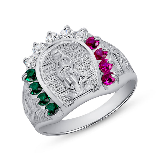 Silver 925 Rhodium Plated Lady of Guadalupe Purple Amethyst & Green Emerald Ring. SQR00123