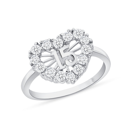 Silver 925 Rhodium Plated Cubic Zirconia Heart 15 Years Ring. XY-GR237