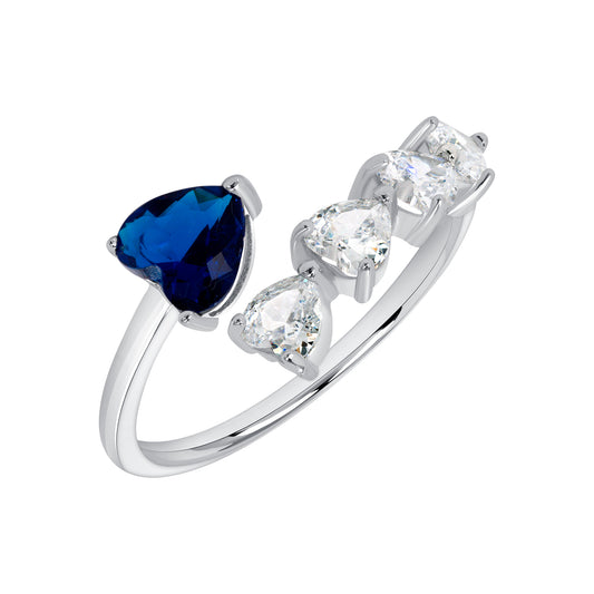 Silver 925 Rhodium Plated Multiple Clear Cubic Zirconia & Blue Cubic Zirconia Heart Ring. BR15411BLU