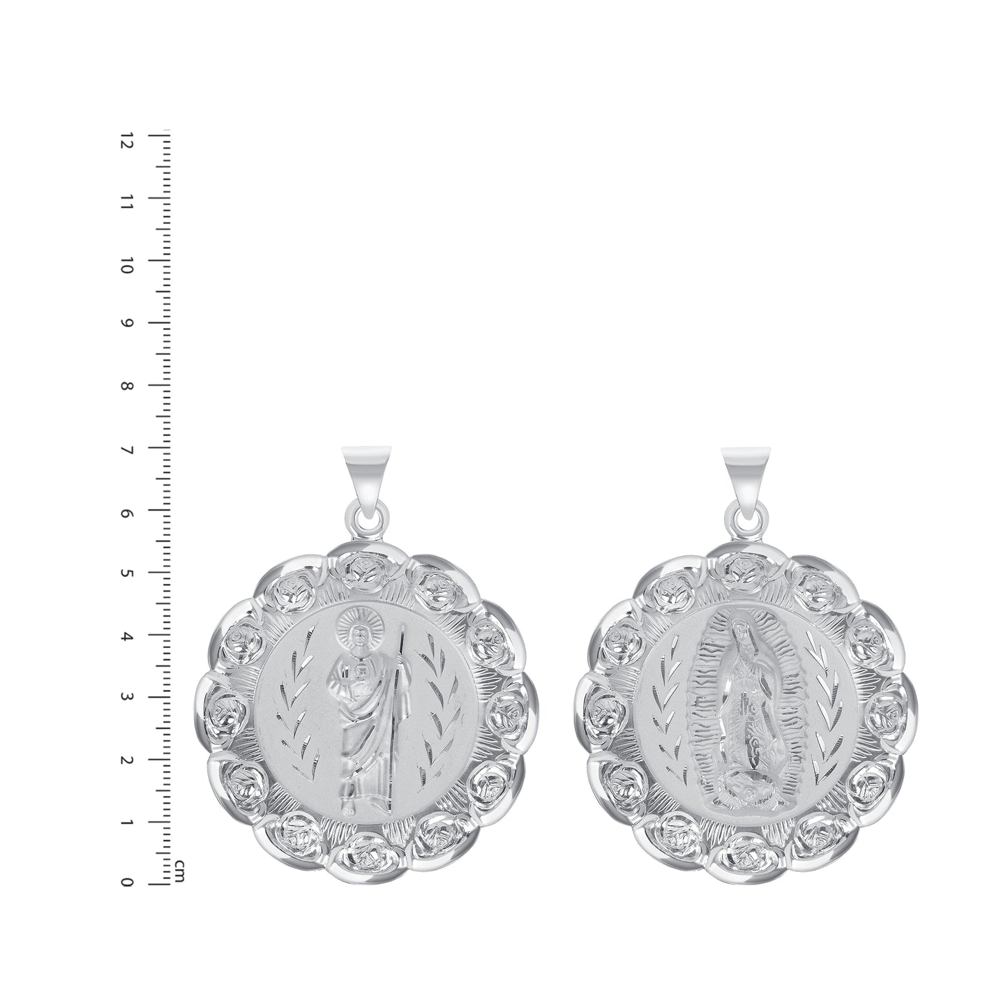 Silver 925 San Judas (Saint Jude) Two-Sided Round Rose Pendant. MEDA72