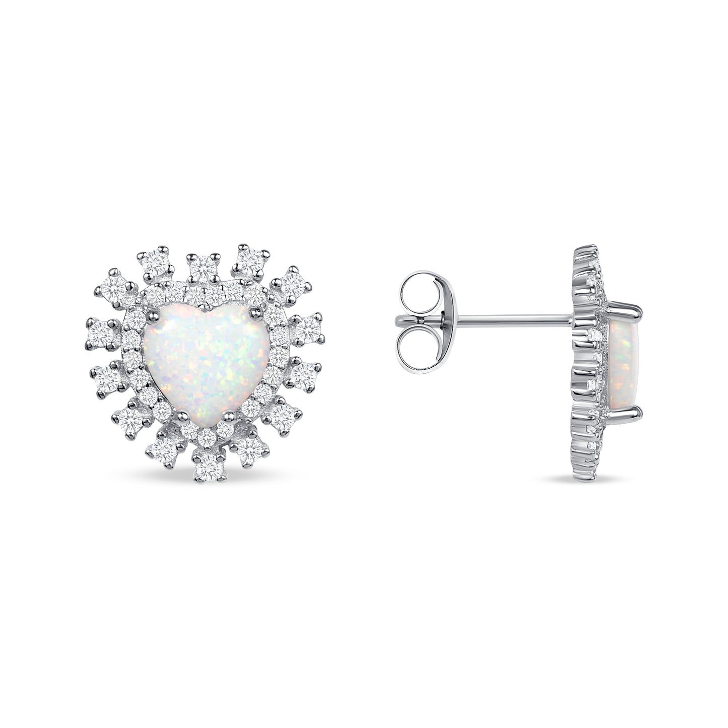 Silver 925 Rhodium Plated Cubic Zirconia White Opal Heart Set. SETBP15372WHT