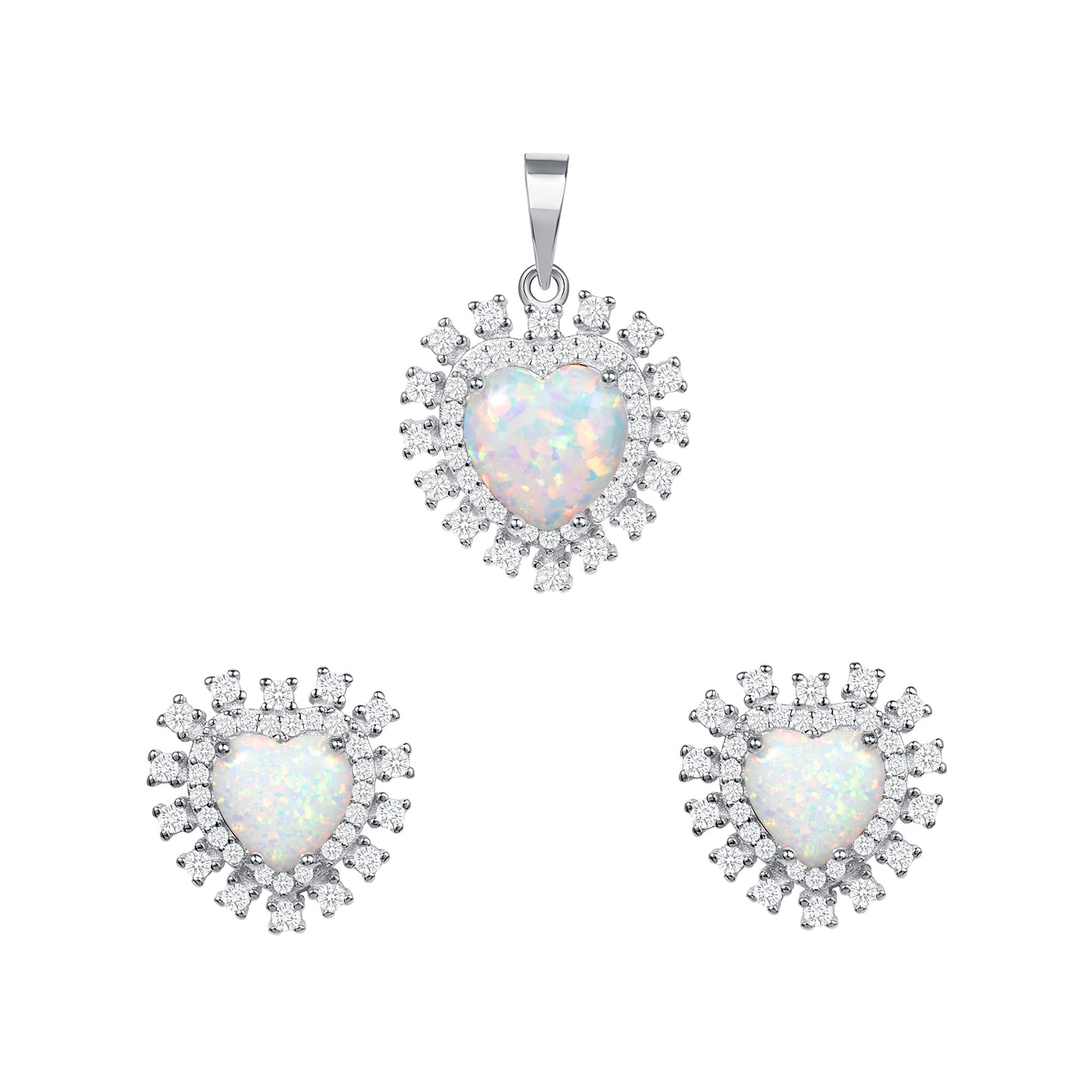 Silver 925 Rhodium Plated Cubic Zirconia White Opal Heart Set. SETBP15372WHT
