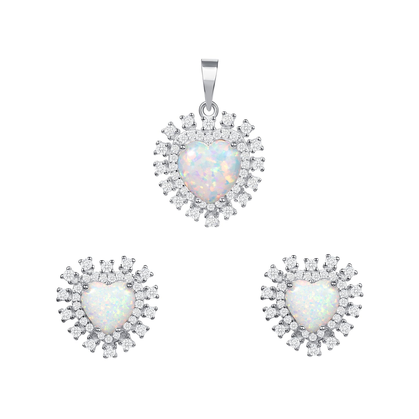 Silver 925 Rhodium Plated Cubic Zirconia White Opal Heart Set. SETBP15372WHT