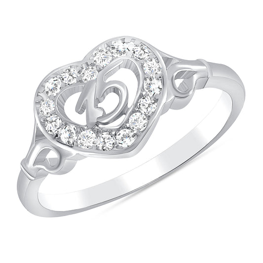 A19804. Silver 925 Rhodium Plated Cubic Zirconia Flower Heart15 Years Ring