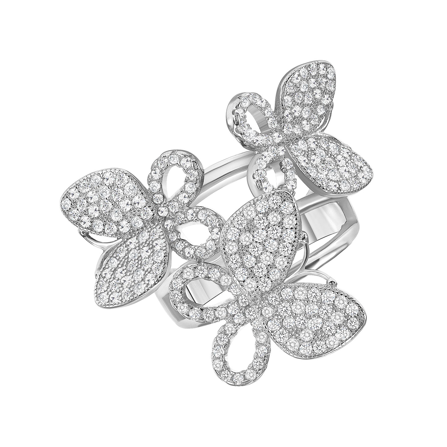 Silver 925 Rhodium Plated Fancy 3 Butterfly Cubic Zirconia Ring. ATR13
