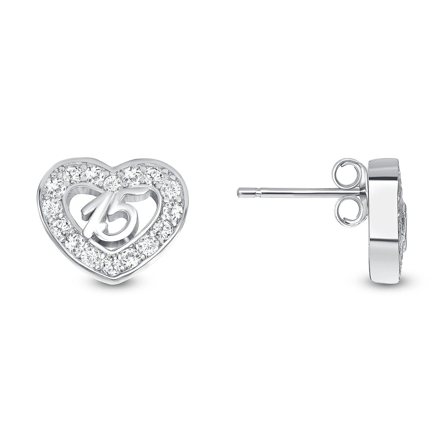Silver 925 Rhodium Plated Heart 15 Years Cubic Zirconia Set. B12778
