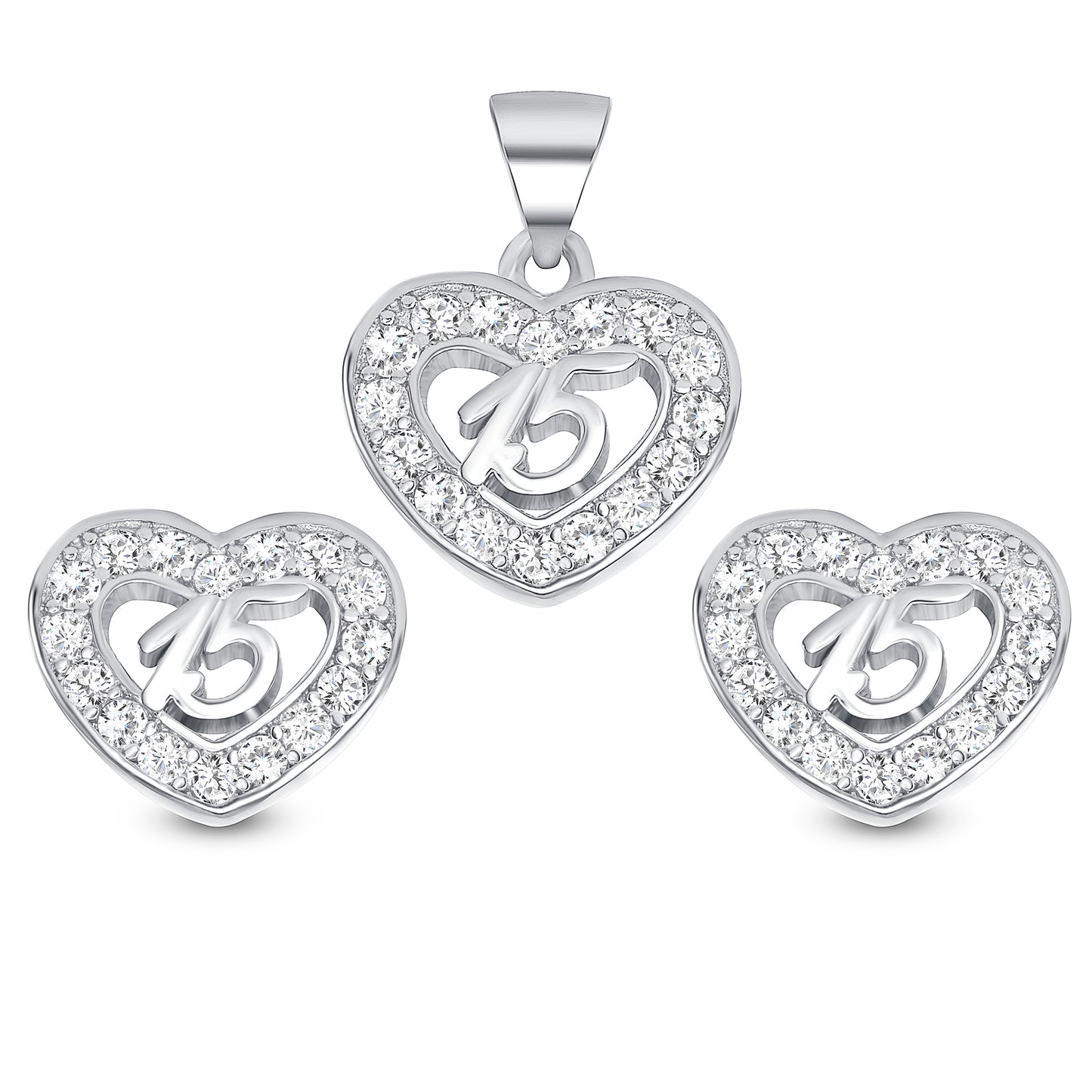 Silver 925 Rhodium Plated Heart 15 Years Cubic Zirconia Set. B12778