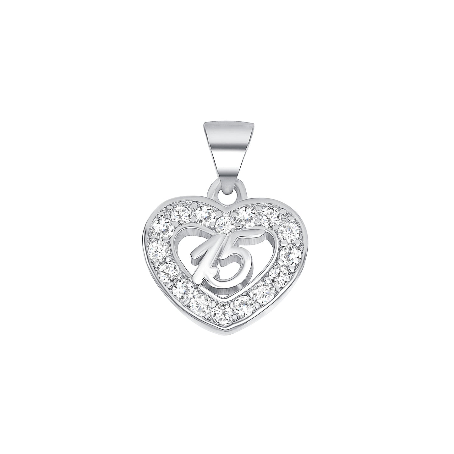 Silver 925 Rhodium Plated Heart 15 Years Cubic Zirconia Set. B12778