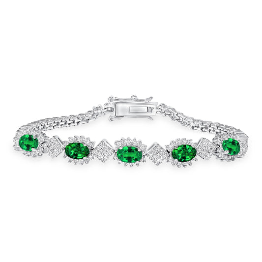 BB4797GRN. Silver 925 Rhodium Plated Marquise Green Emerald Cubic Zirconia Bracelet